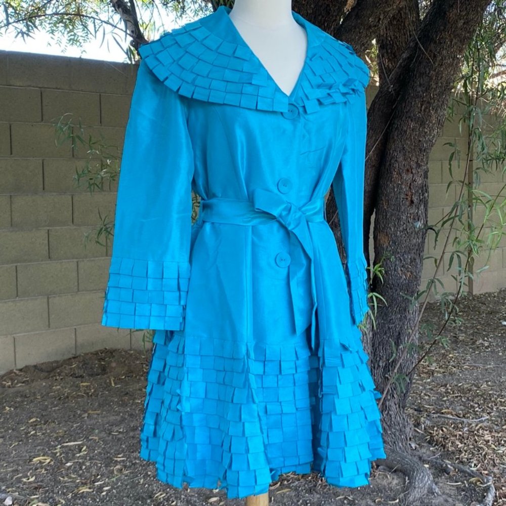 Turquoise Shiny Taffeta Dress Coat Belt Formal